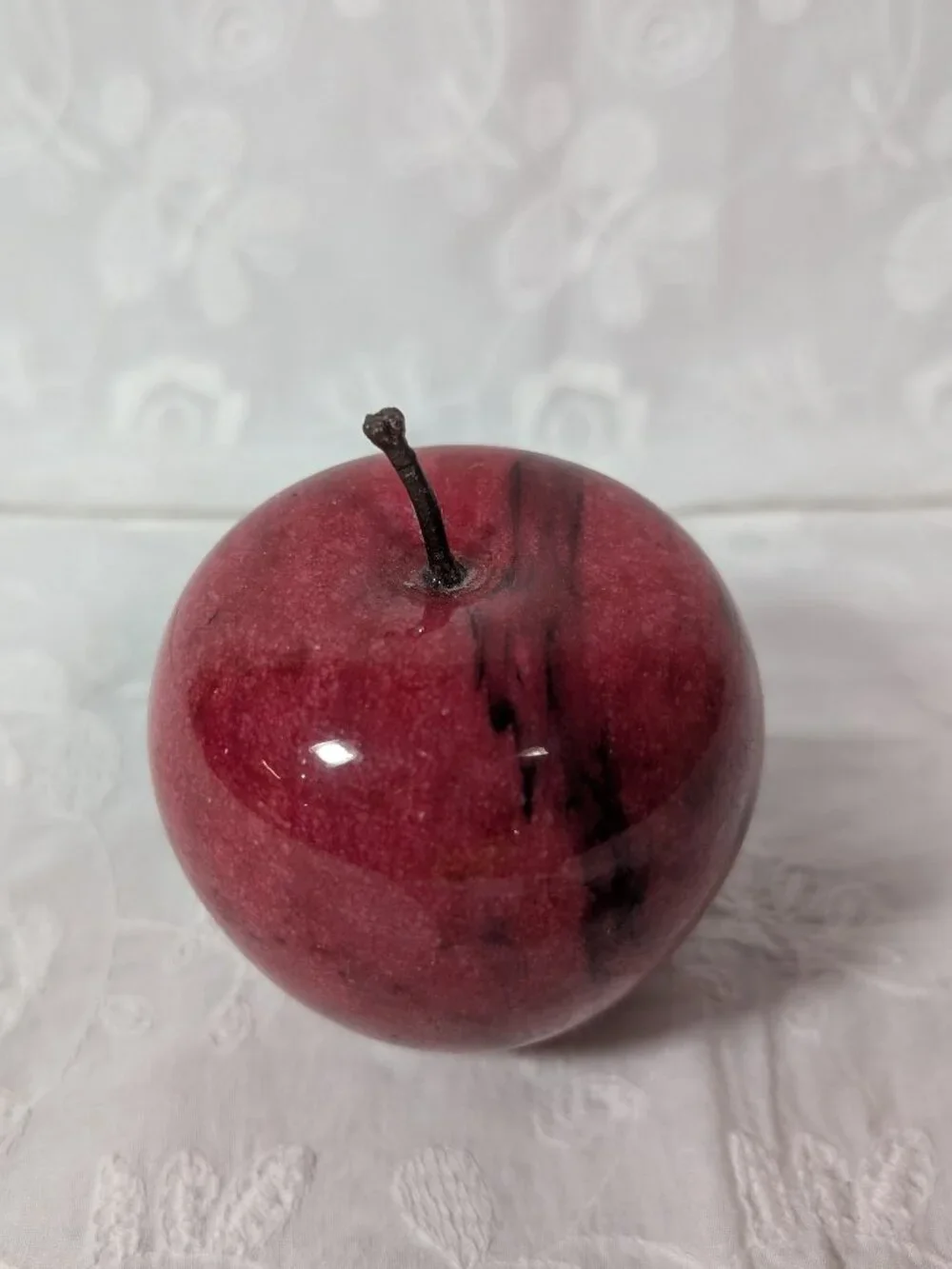 Vintage Red Marble Apple Paperweight, Unique Swirl Markings